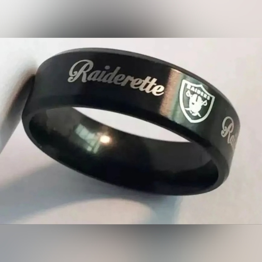 New Titanium 8mm black Raiders raiderette football ring size 6 to 12 available